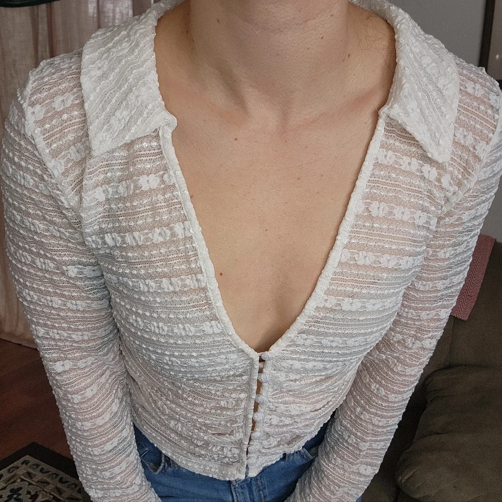 Anthropologie Sheer Lace Button Front Long Sleeve Top Size Medium
